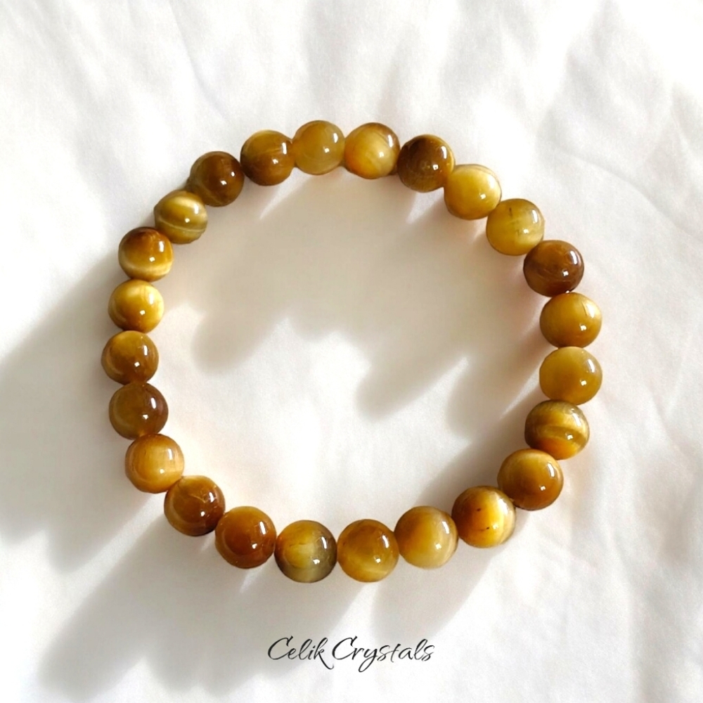 Gold Tiger Eye Bracelet Natural Stones 8mm Stretches Unisex